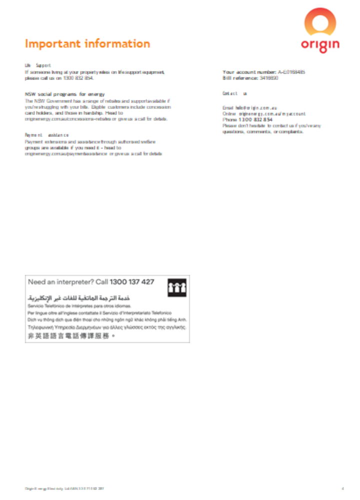 Origin utility business bill,  page 4, SCR PSD template